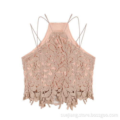 Sleeveless Hollow Out Lace Embroidery Crop Vest